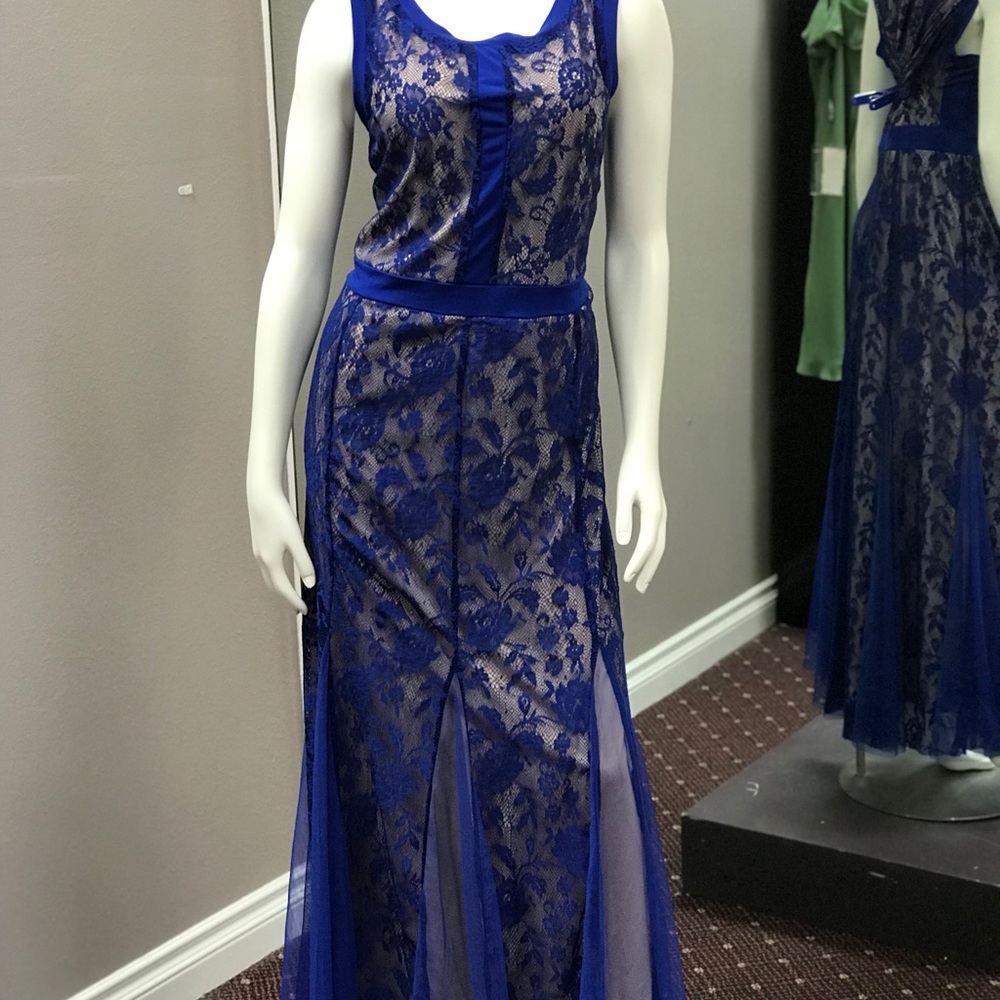 Blue long laced dress. A-line.